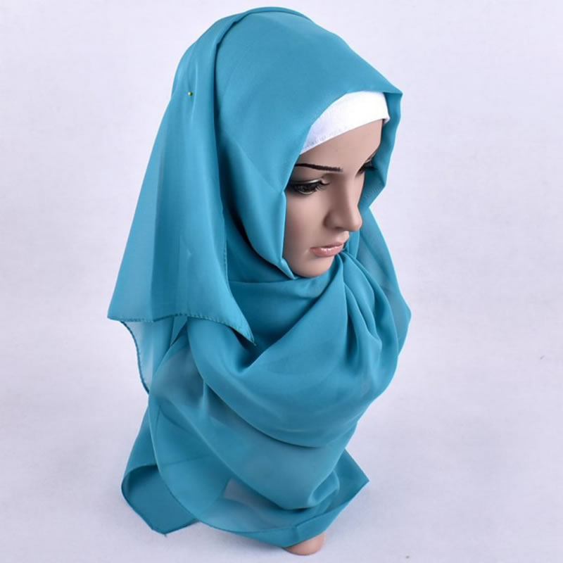 Middle East Designed Pure Color Printed Curling Blue Yellow Muslim Hijab Chiffon Scarf