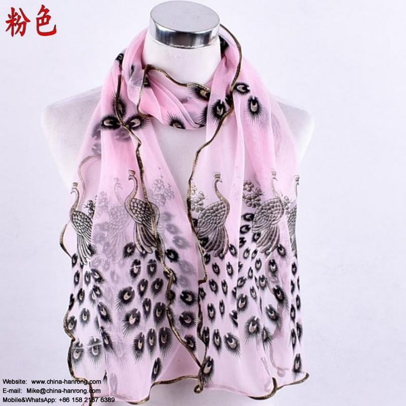 Exotic Classic Peacock Open Printed Lace Stitching Red Purple Polyester Scarf