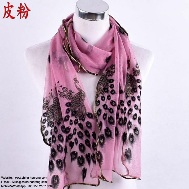 Exotic Classic Peacock Open Printed Lace Stitching Red Purple Polyester Scarf