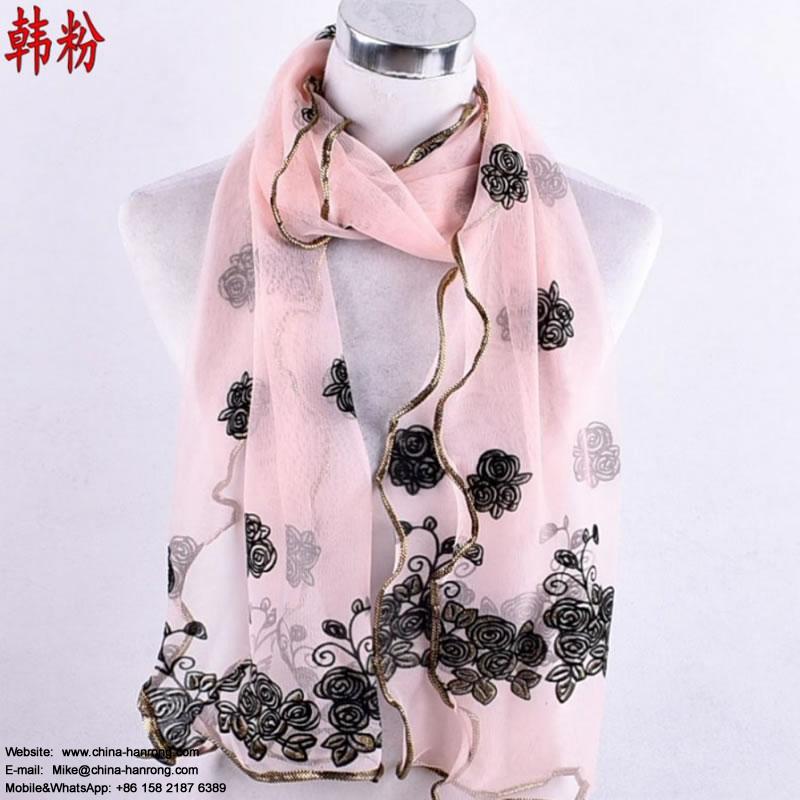 Factory Directly Sale Rose Flower Printed Charming Stitching Female Polyester Scarf