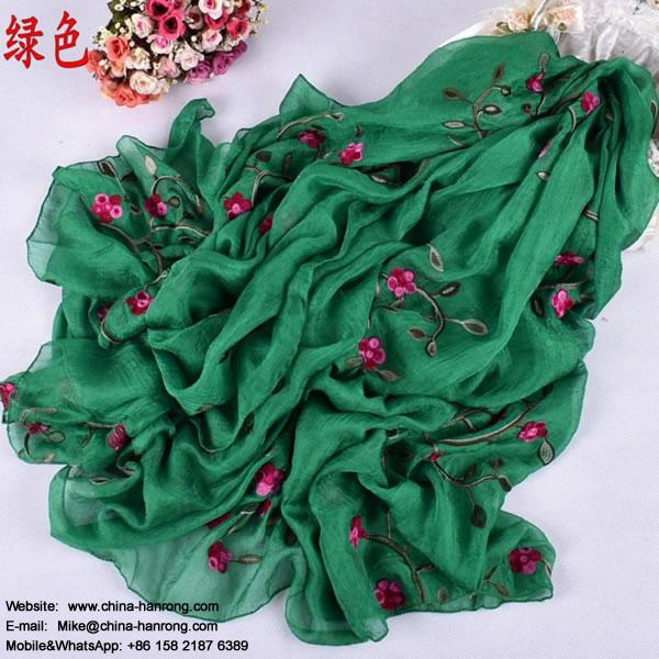 Spring Summer New Pure Color Embroidery Flower Long Imitated Silk Beach Scarf