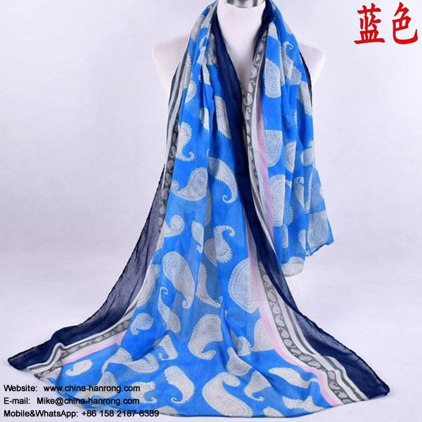 Special Cashew Paisley Digital Printed Curling Lady Yellow Blue Voile Scarf 180x90cm