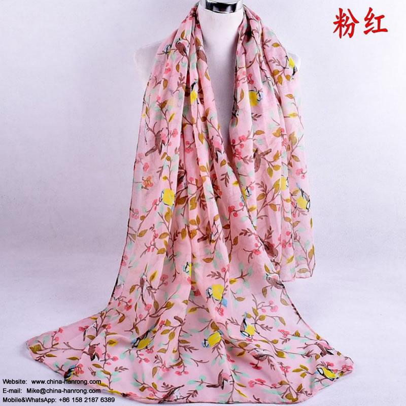 Factory Spot Stocks Bird Tree Printed Curling Light Pink Navy Voile Scarf