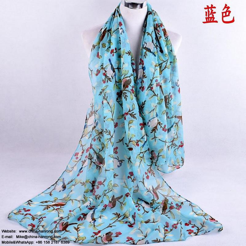Factory Spot Stocks Bird Tree Printed Curling Light Pink Navy Voile Scarf