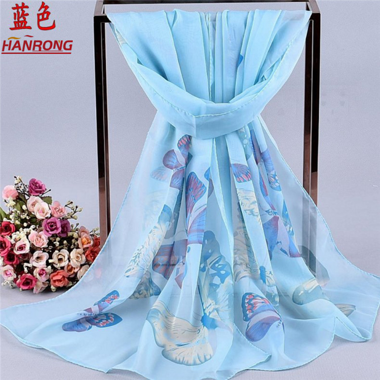 Factory Supply Simple Elegant Butterfly Printed European Style Lady Chiffon Scarf