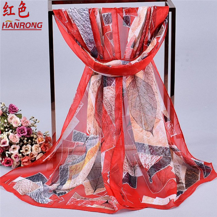 Customized New Leaves Geometric Square Curling Red Chiffon Outside Trip Scarf