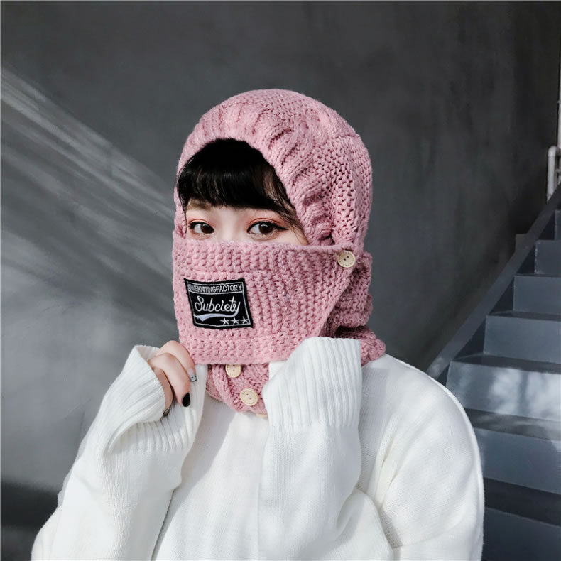 Female Winter Fashion High Thickness Warm Mask Windproof Collar Ridding Knit Cap