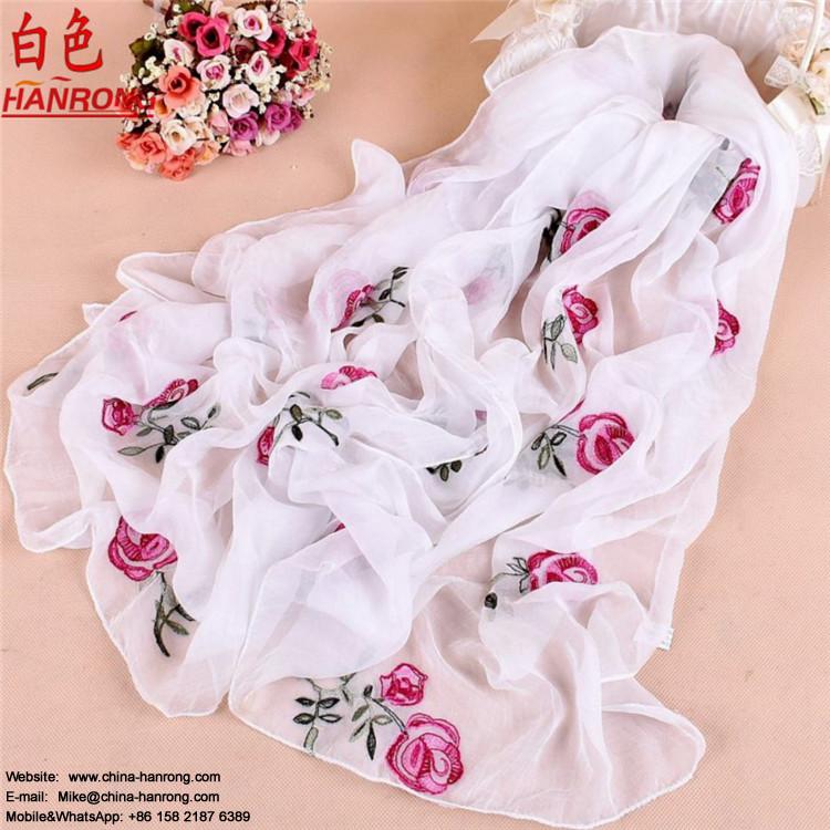 New Style Pure Color Embroidery Women Long Beach Imitated Silk Scarf