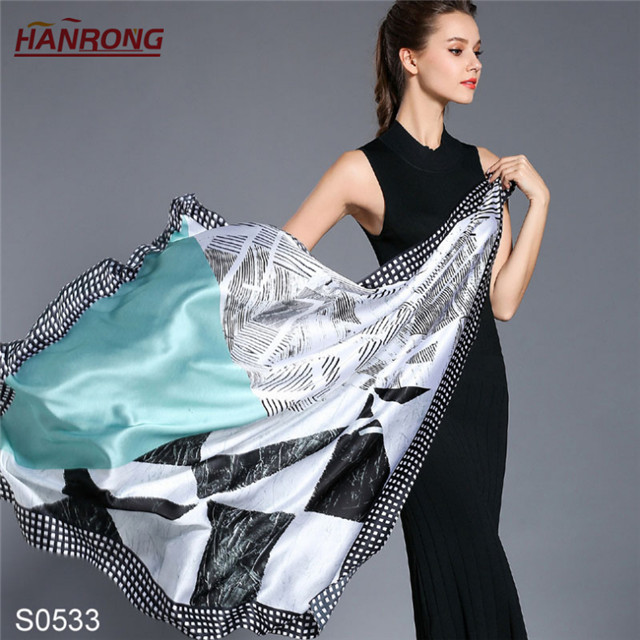 Elegant Beauty European and American Geometry Color Matching Satin Silk Large Square Scarf