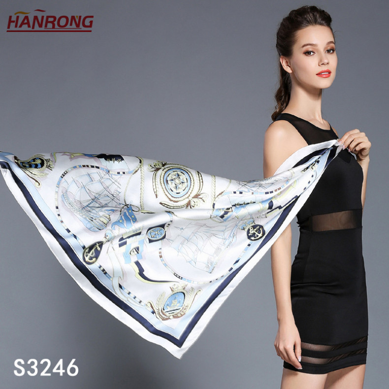 New Pure Silk Sailing Pictures Printed Plain Crepe Satin Printing Scarves Wholesale