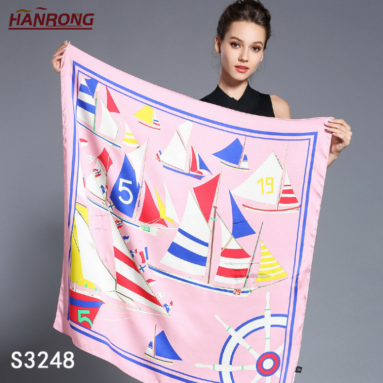 Ladies' Spring and Summer The Sailboat Printing Mulberry Silk Square Scarf Shawl Wholesale