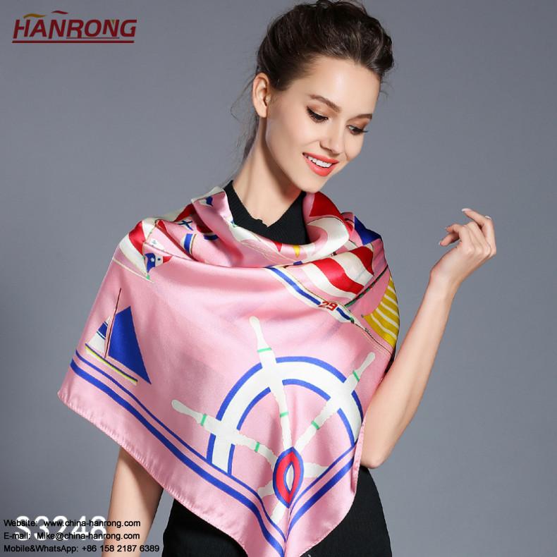 Ladies' Spring and Summer The Sailboat Printing Mulberry Silk Square Scarf Shawl Wholesale