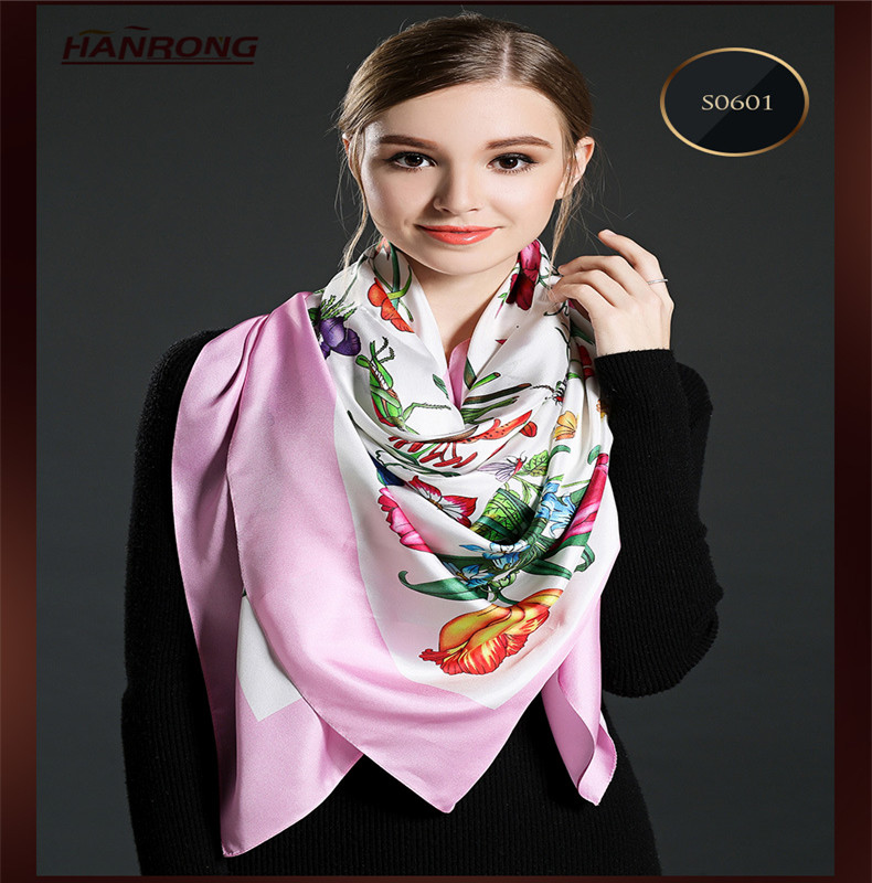 Spring Flowers Printed Increase Size High Grade Mulberry Silk Twill Scarf Shawl 