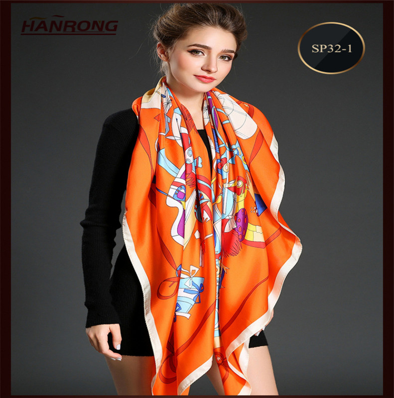 New High Quality Pure Silk Twill Cartoon Figures Printing Large Square Gift Silk Scarf  
