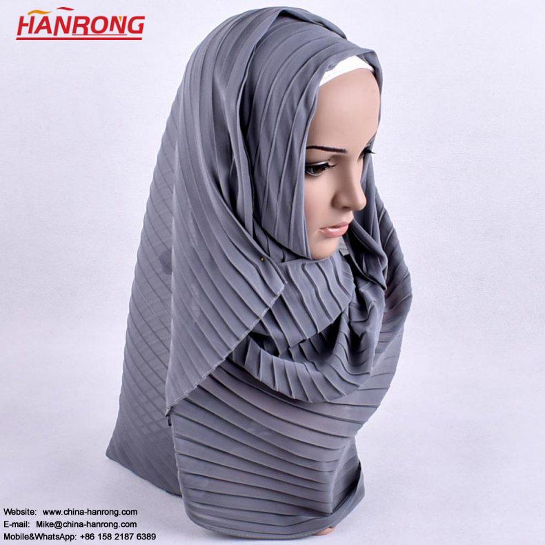 Africa Customized Special Pure Color Pleated Pearl Chiffon Lady Head Scarf Hijab
