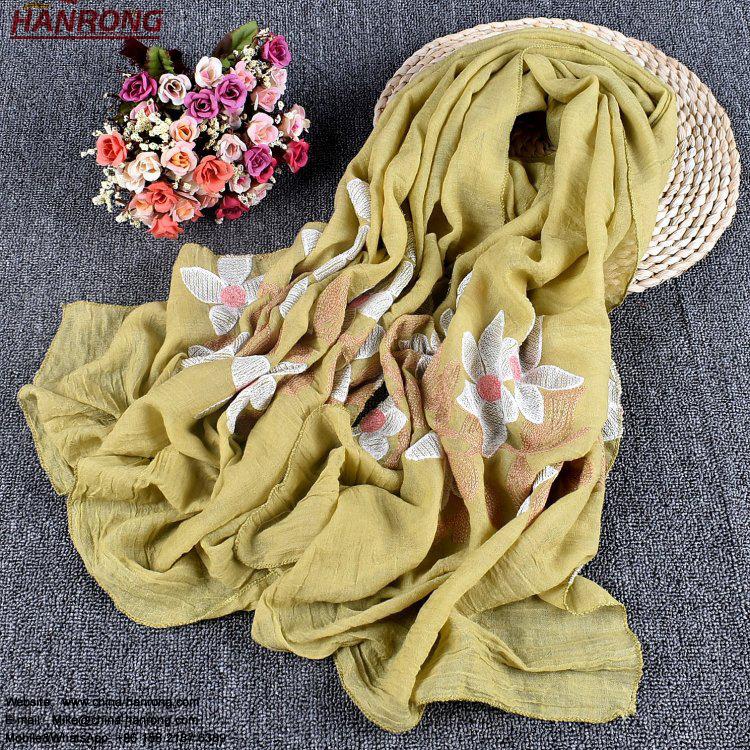 China Travel Popular Plain Lady Summer Embroidery Sunscreen Long Cotton Scarf