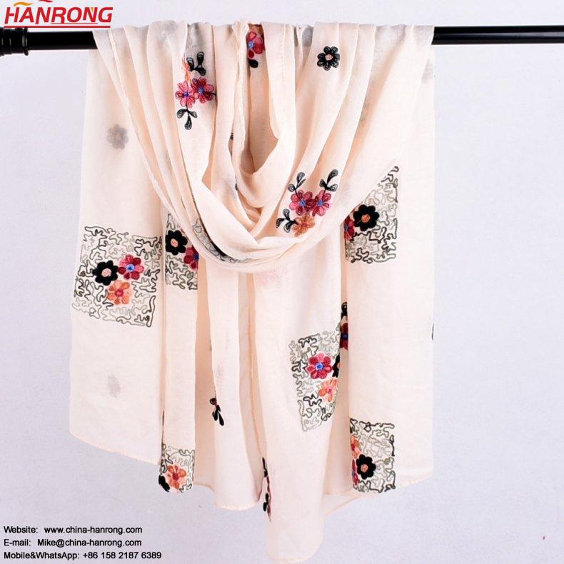 Lady Spring Summer Special Embroidery Chinese Style Plain Long Cotton Scarf 