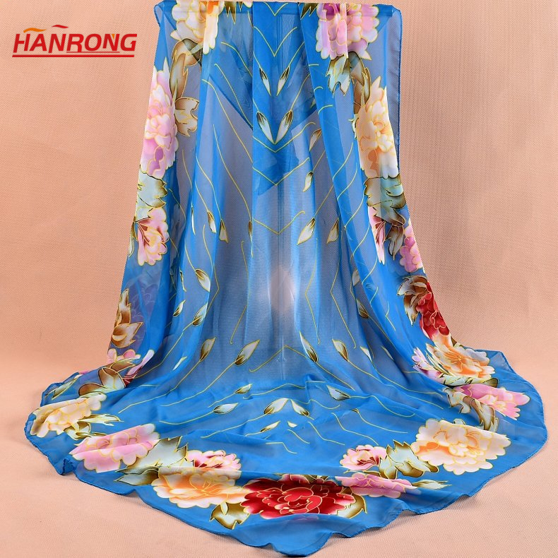 Chinese National Flowers Peony Print Beautiful Kerchief Chiffon Scarf