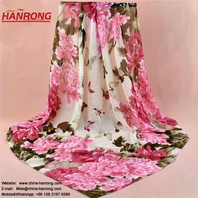 Chinese National Flowers Peony Print Beautiful Kerchief Plain Chiffon Scarf