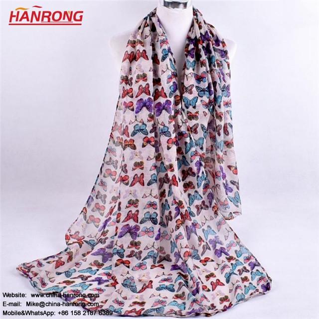 Lady Fashion Cartoon Printing Large Butterflies Printed Curling Plain Voile Scarf