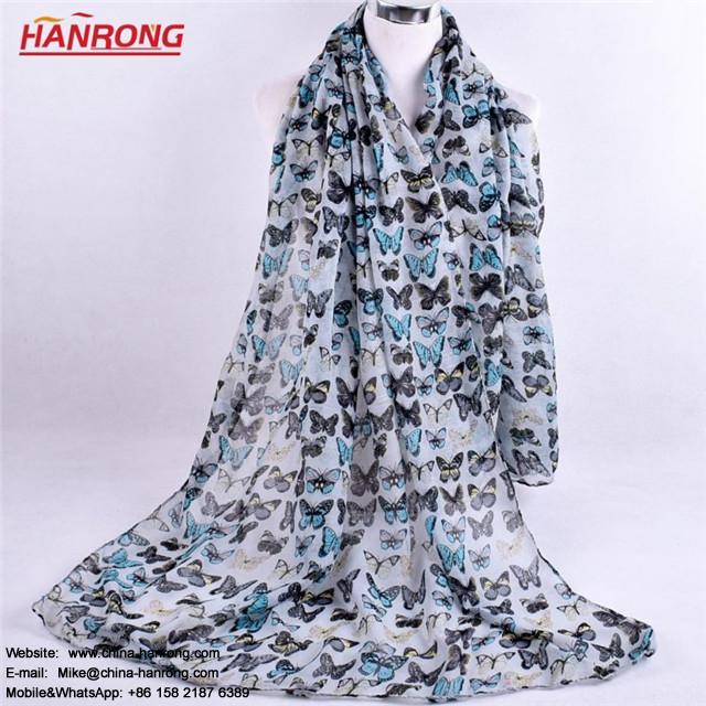Lady Fashion Cartoon Printing Large Butterflies Printed Curling Plain Voile Scarf