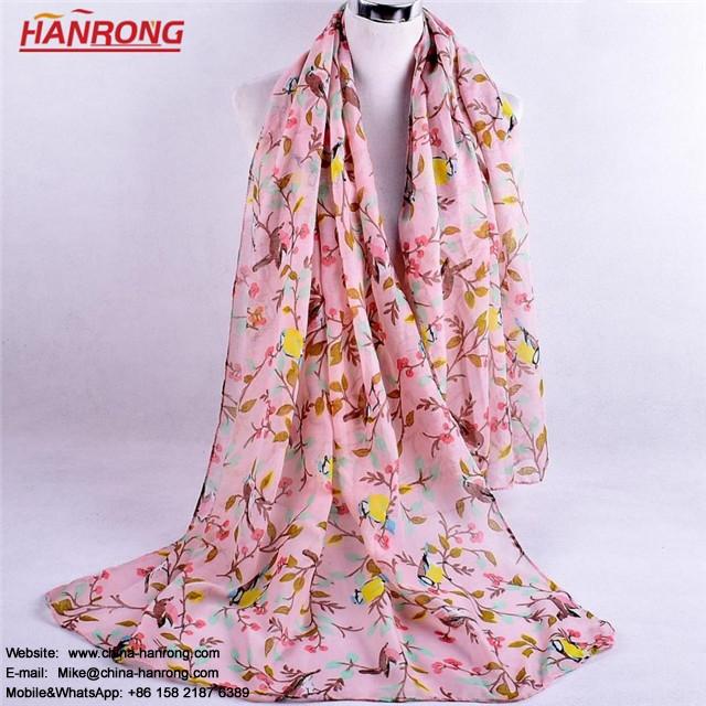 Spring Summer Pastoral Style Birds Branches Printing Cartoon Casual Voile Scarf