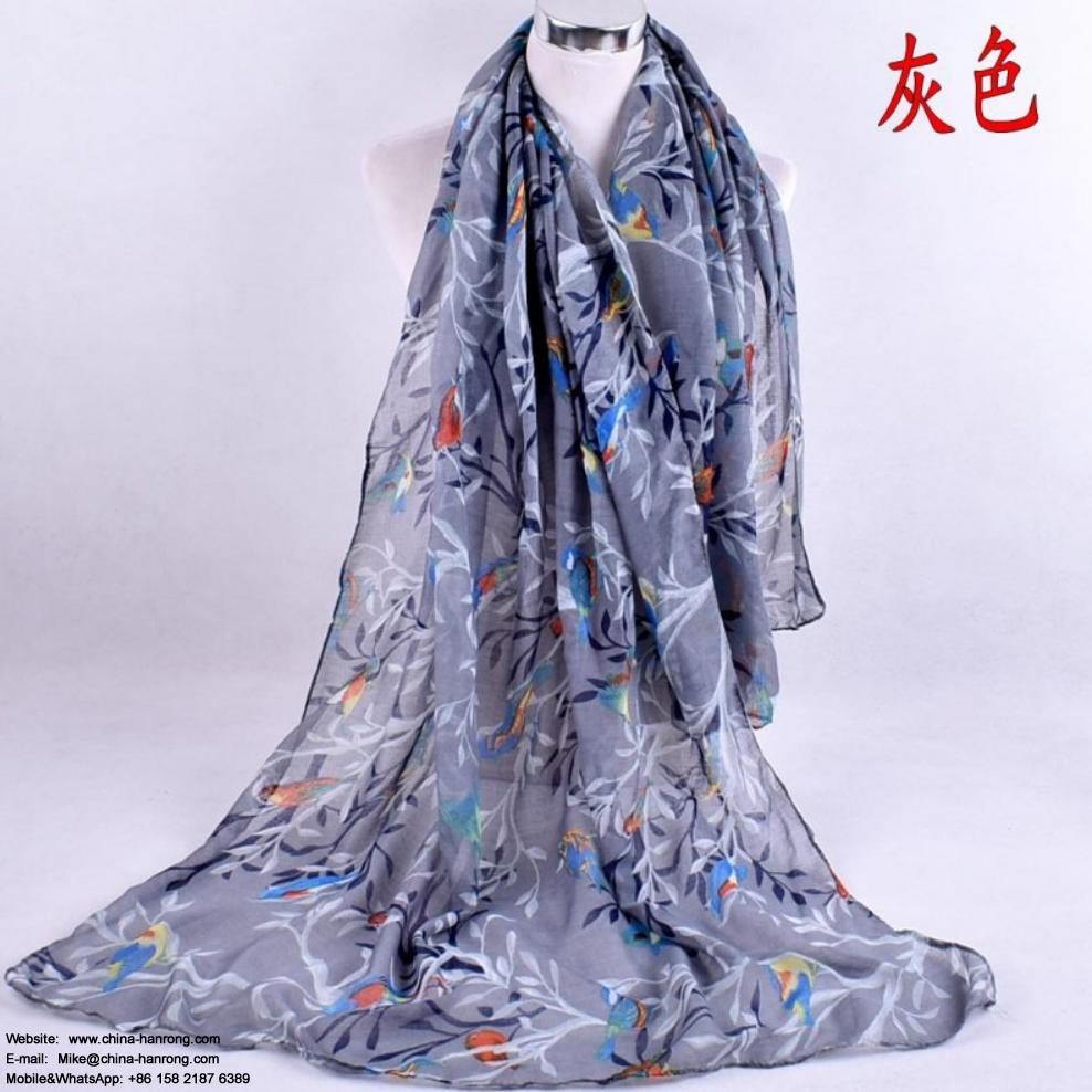 Factory Customized Colorful Cartoon Magpie Pattern Pastoral Style Voile Scarf