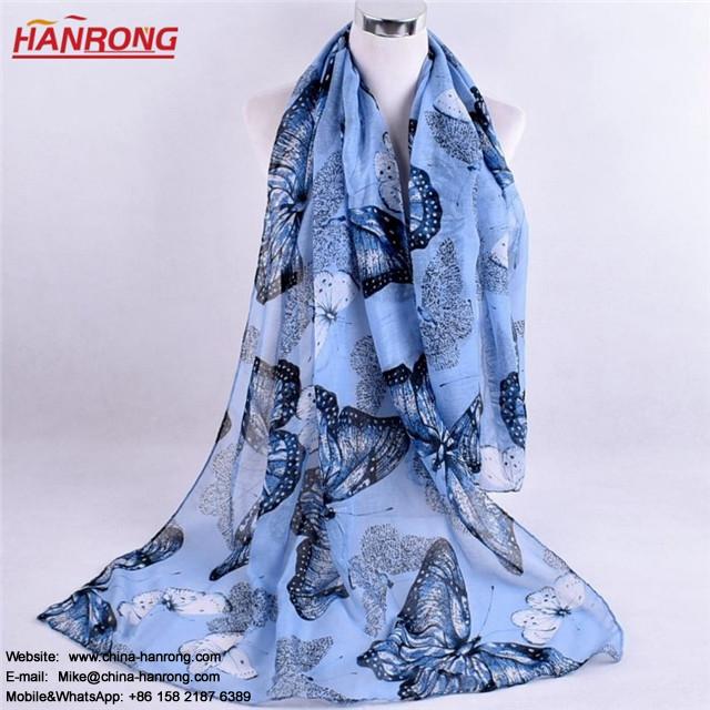 Spring Summer Lady Fashion Ink Painting Large Butterflies Printing Voile Scarf