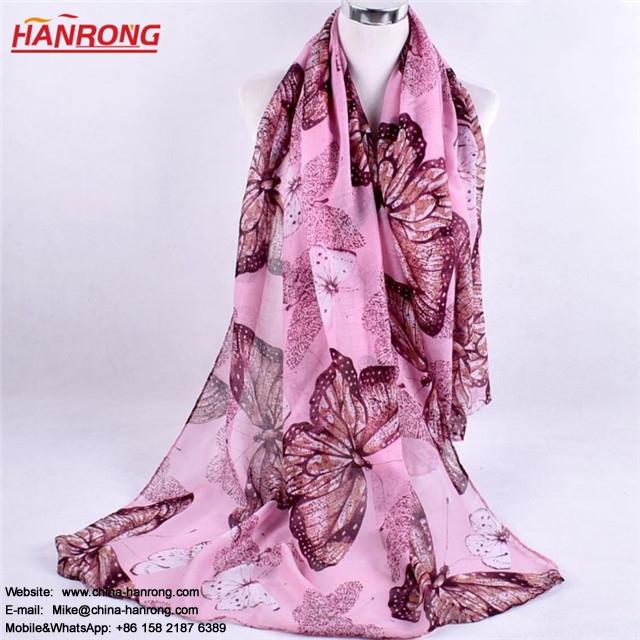 Spring Summer Lady Fashion Ink Painting Large Butterflies Printing Voile Scarf