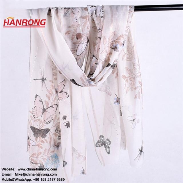 Lady Fill Knitting Butterflies Animal Print Fringe White Long Voile Scarf