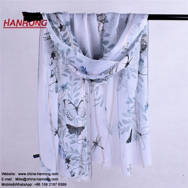 Lady Fill Knitting Butterflies Animal Print Fringe White Long Voile Scarf