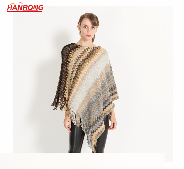 Europe US Autumn Winter Fashion Warp Knitting Stripe Pattern Fringe Warm Acrylic Scarf Cape