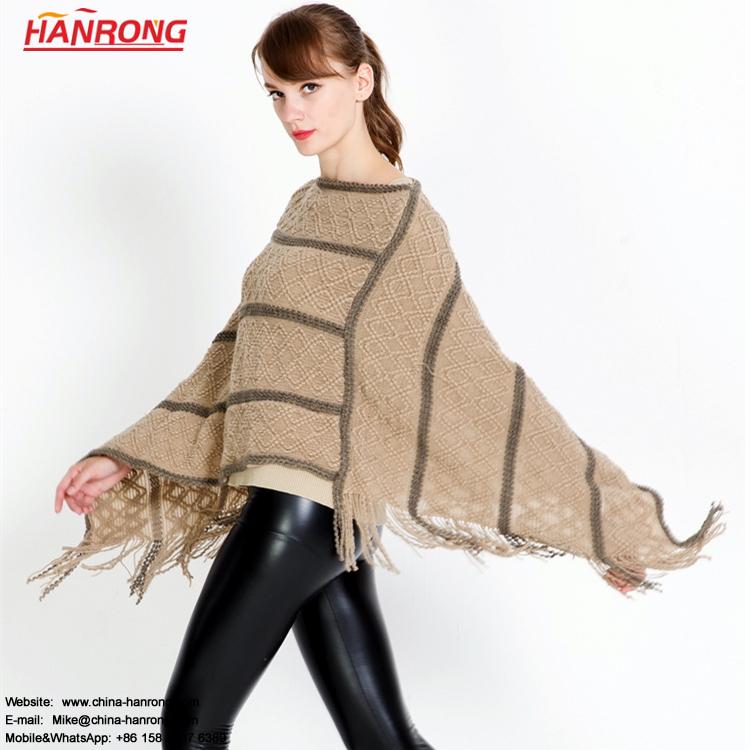New Winter Fashion Pure Color Warp Knitting Stripe Fringe Women 100% Acrylic Scarf Cape