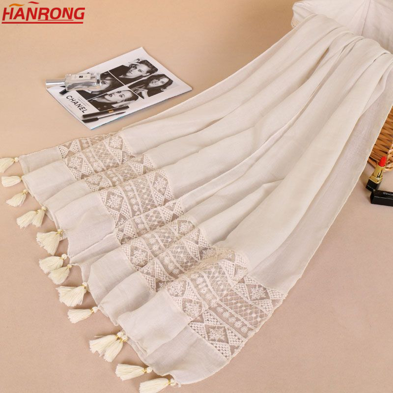 Women Wild Fashion New Lace Fringe Plain Embroidery Pure Color Spring Autumn Cotton Scarf