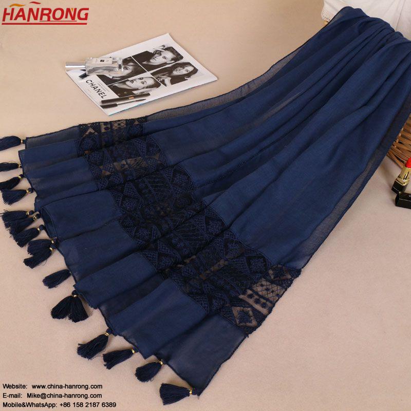 Women Wild Fashion New Lace Fringe Plain Embroidery Pure Color Spring Autumn Cotton Scarf