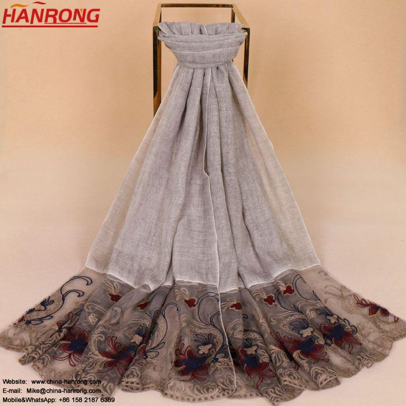 Korea Lady New Spring Summer Lace Embroidery Long Plain Exquisite Cotton Scarf