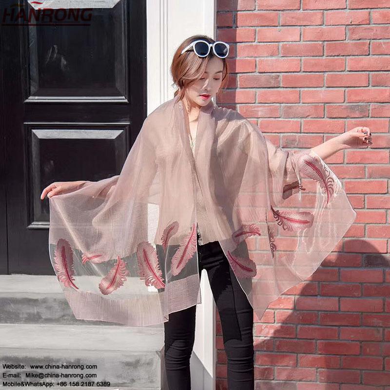 Hangzhou New Fashion Feather Lace Embroidered Shawl Sunscreen Ladies Elegant Polyester Scarf