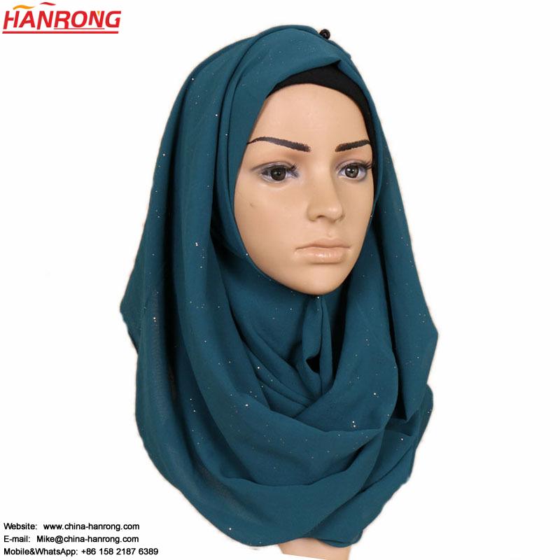 Yiwu Design Manufacture Muslim Pure Color Pearl Chiffon Sprinkling Gold Ethnic Chiffon Hijab Scarf