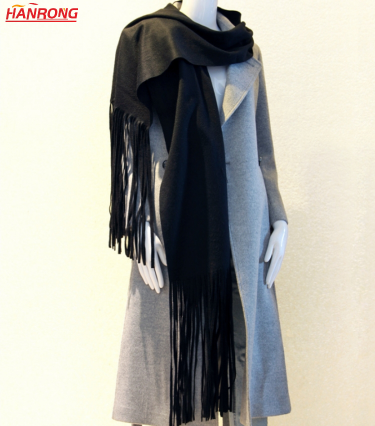 New All Match Solid Color Black Long Fringe Warp Knitting Pure Cashmere Scarf Wholesale