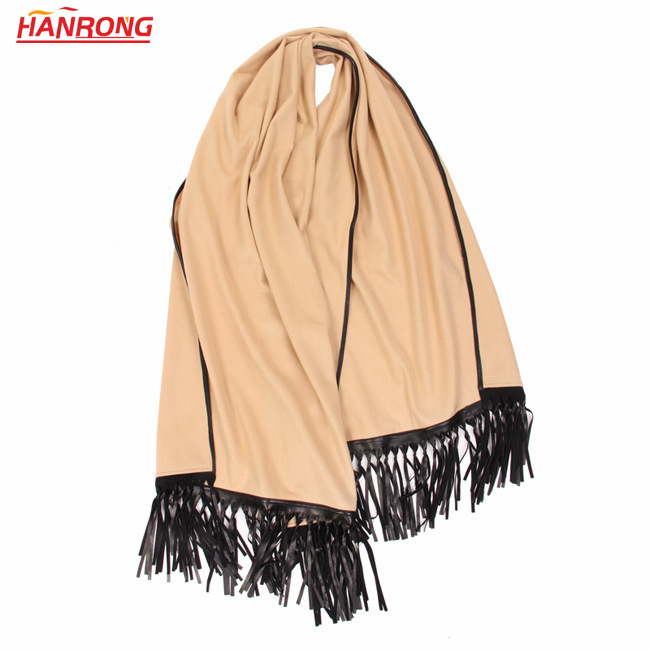 The US Street High Top Solid Color Plain Leather Margin and Leather Fringe Cashmere Scarf Shawl