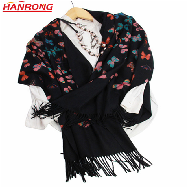 Rome High-end Women Butterflies Printed Twill Fringe Pure Cashmere Pashmina Scarf