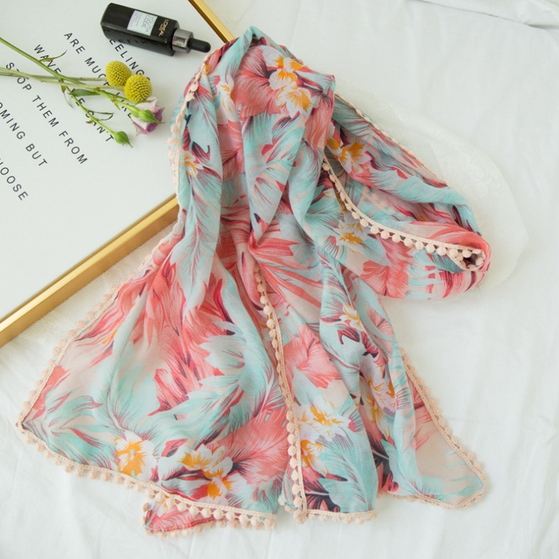 Women New Lace Cotton Scarf Spring Autumn Fill Knitting Vacation Decoration Flower Printed Cotton Linen Scarf 